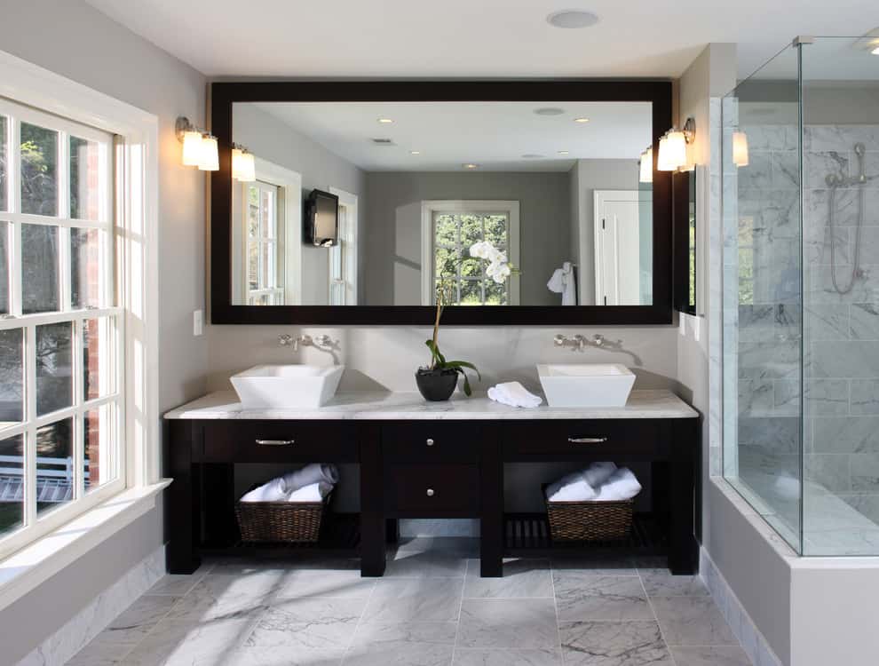 Stacked Stone Bathroom Mirror Vanity Wall