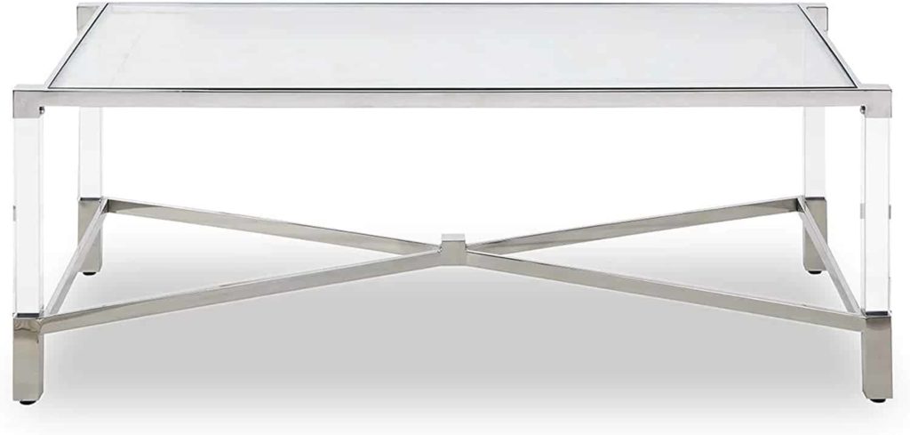 Rectengular table, tempered glass top, stainless steel frame, acrylic legs