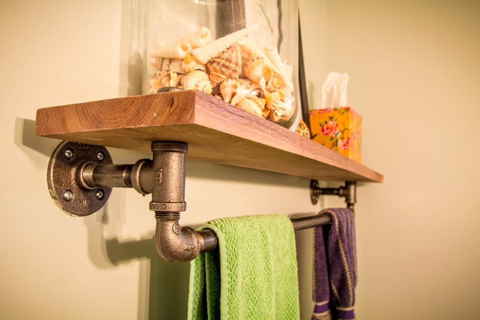 Wooden Slab Bathroom Shelf with Industrial Piping