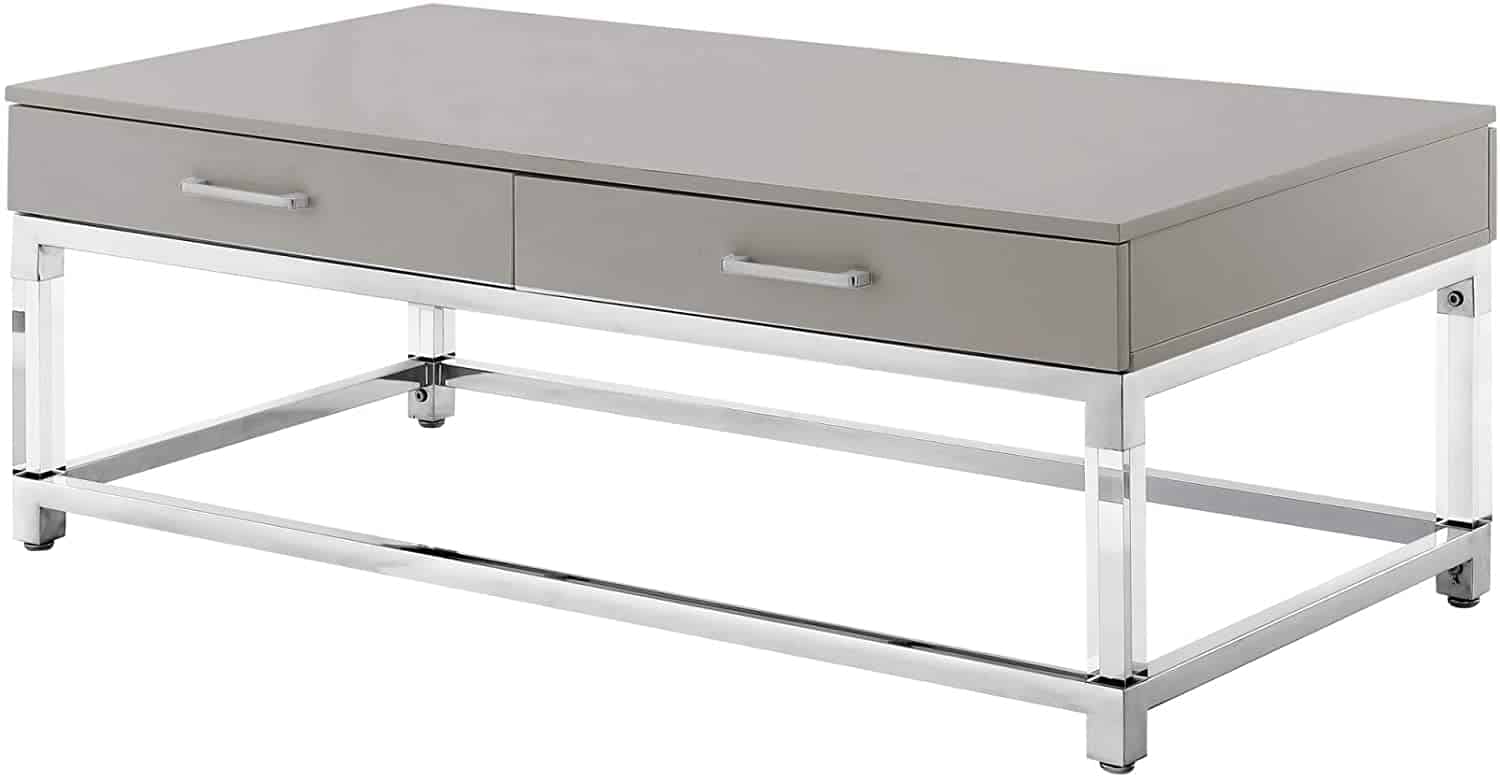 Grey fibreboard top with 2 drawers, stainless steel base, acrylic legs