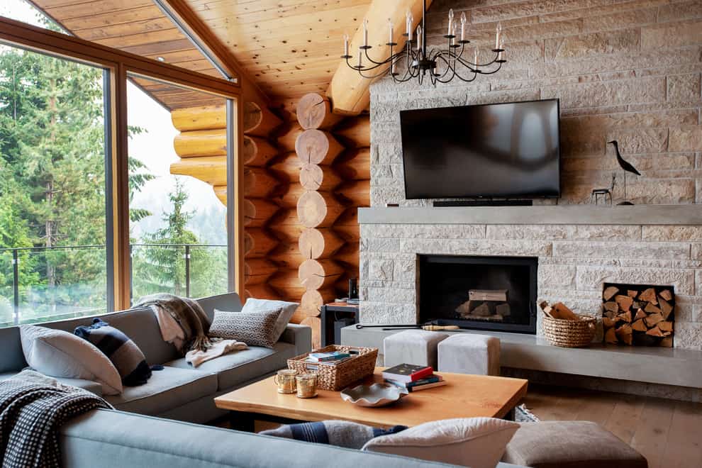 Wooden cabin living room look with L-Couch and Cozy Pillows