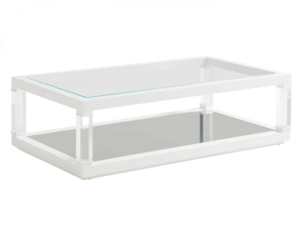 Rectengular table with acrylic base and legs, inset glass top, mirrored bottom shelf