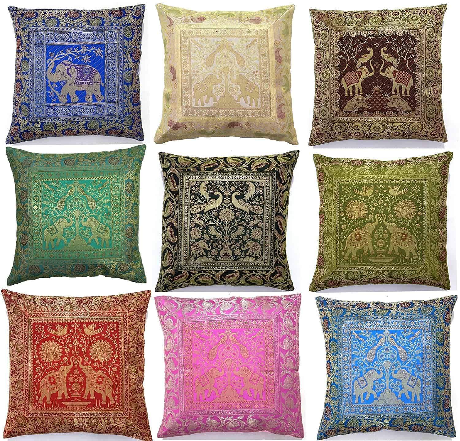 10 Pc Lot Square Silk Home Decor Cushion Cover, Indian Silk Brocade Pillow Cover , Handmade Banarsi Pillow Cover 16 X 16 Inch