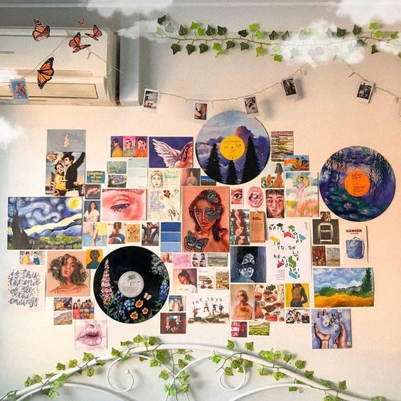 Bedroom with colored records on walls 20+ Aesthetic Bedrooms