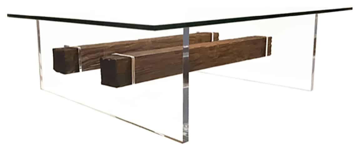 Tempered glass rectengular top, acrylic legs, two wooden beams between the legs