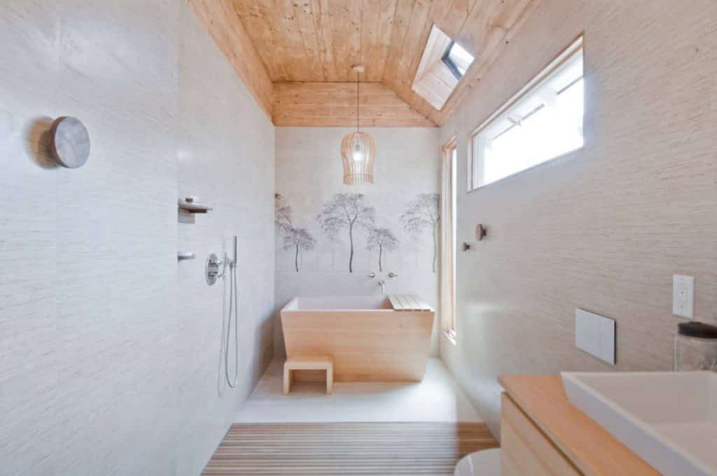 mid-sized zen multicolored tile and stone tile pebble tile floor bathroom design