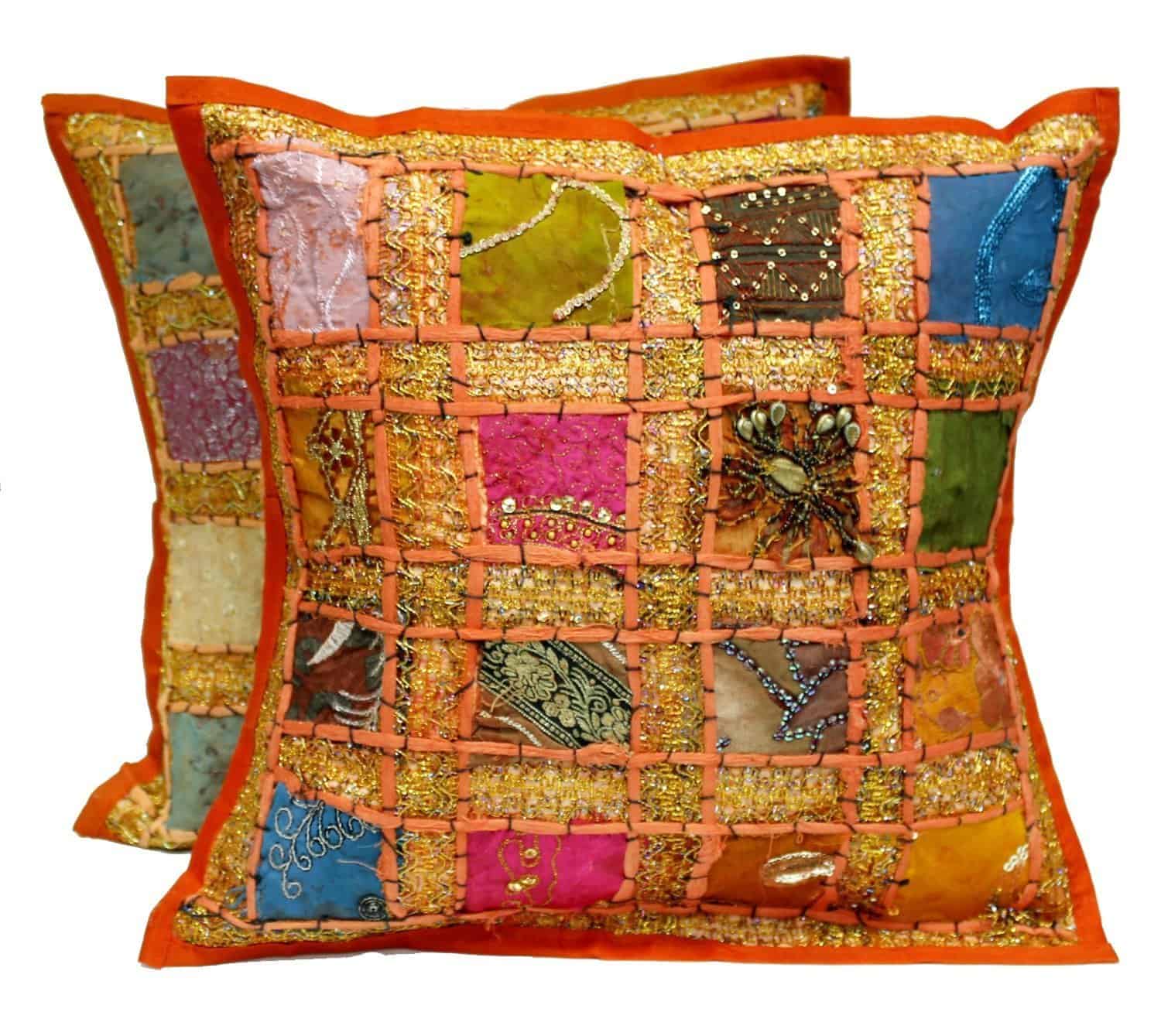 2 Orange Embroidery Sequin Patchwork Indian Sari Throw Pillow Cushion Covers