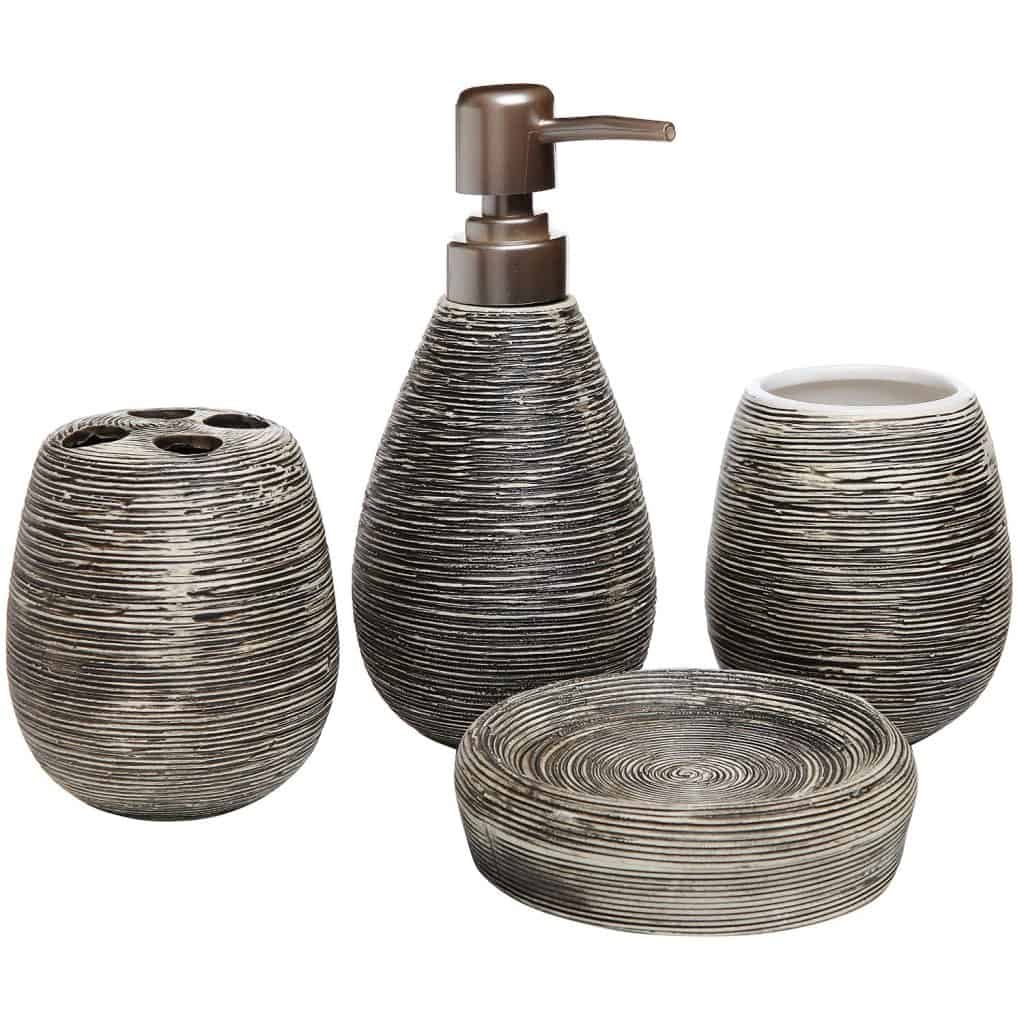 4 Pc Line Textured Dark Brown Ceramic Soap Dish, Soap Dispenser, Toothbrush Holder & Tumbler Bathroom Set