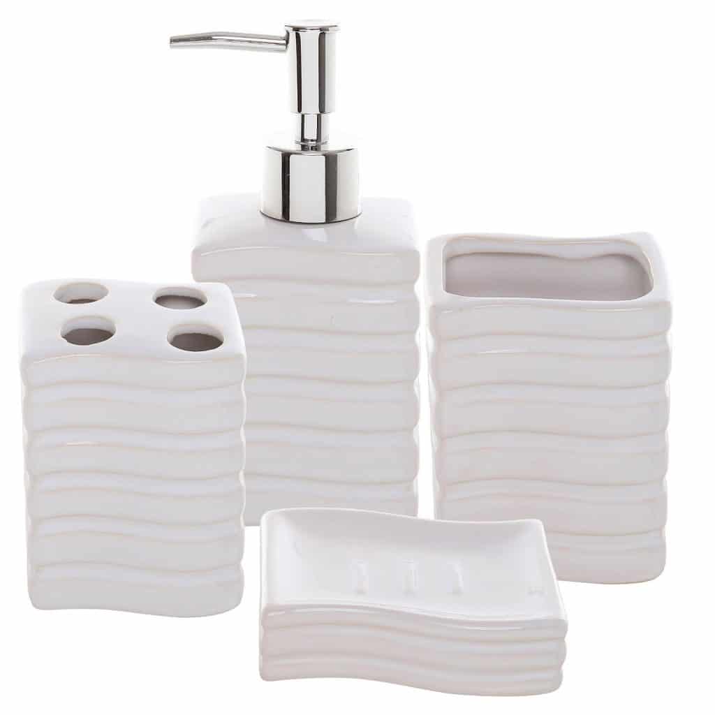 4 Pc Ribbed White Ceramic Bath Accessory Set Toothbrush Holder, Tumbler, Lotion Dispenser & Soap Dish