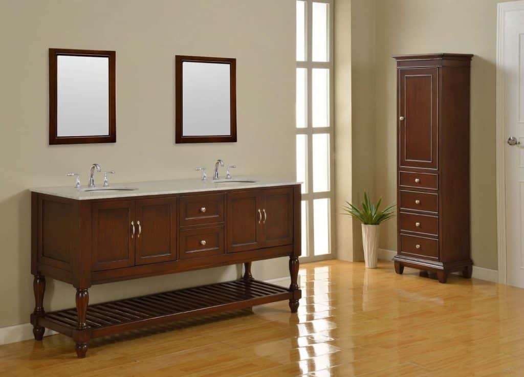 70 Inch Double Sink Bathroom Vanity Cabinet in an Espresso Finish and a Carrera White Marble Top