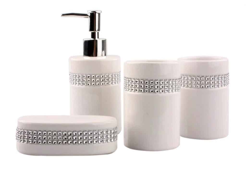 Bathroom Accessory Set - Elegant Ceramic White with Crystal Stripe