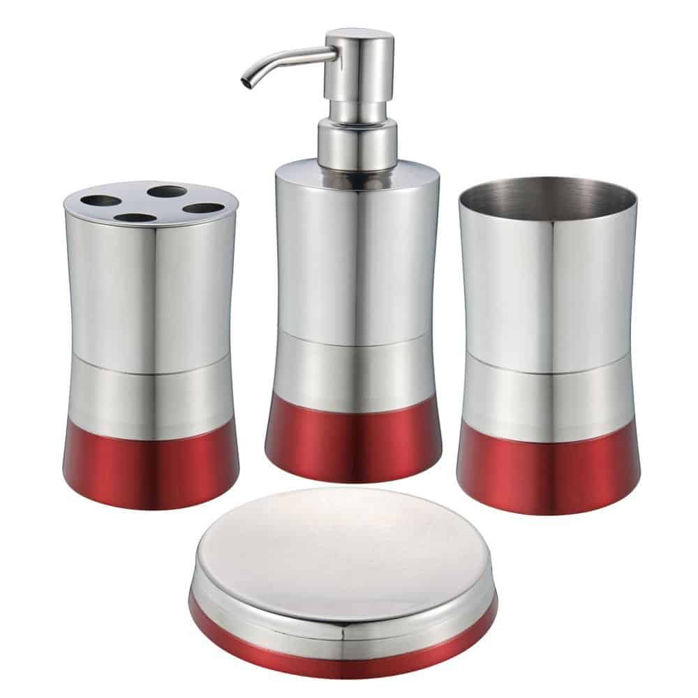Blue Donuts 4 Piece Stainless Steel Bathroom Set - Red