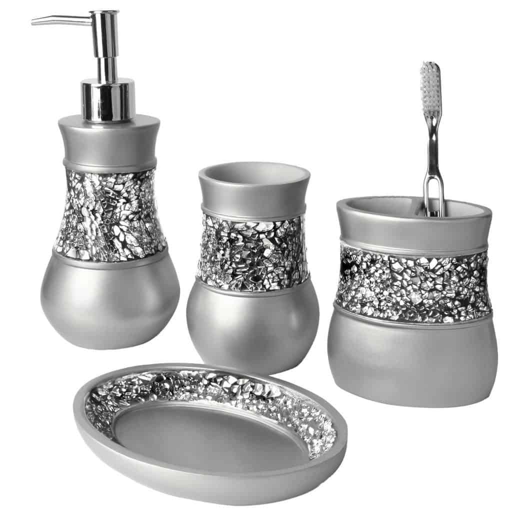 Brushed Nickel Bath Ensemble, 4 Piece Bathroom Accessories Set, Brushed Nickel Collection Bath Set Features Soap Dispenser, Toothbrush Holder, Tumbler, & Soap Dish- Silver Mosaic Glass