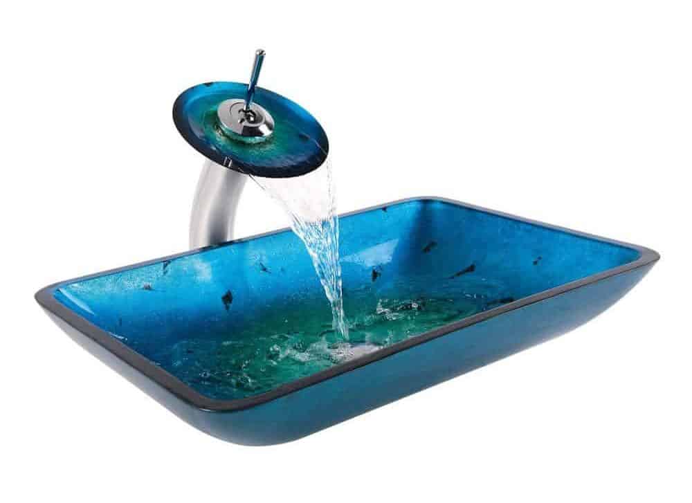 Kraus C-GVR-204-RE-10CH Irruption Blue Rectangular Glass Vessel Sink and Waterfall Faucet Chrome