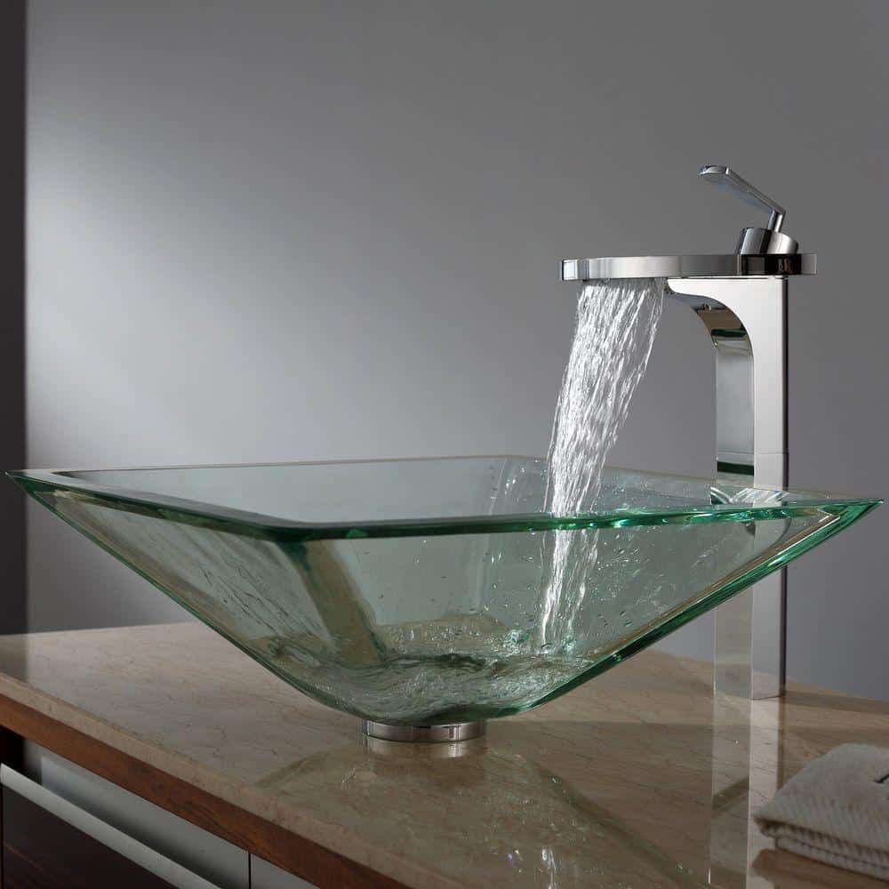 Kraus GVS-901-19mm Aquamarine Square Clear Glass Vessel Bathroom Sink