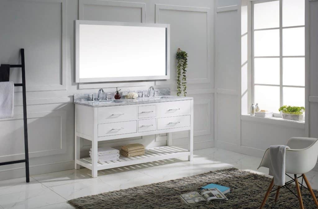 Virtu USA MD-2260-WMRO-WH-010 Transitional 60-Inch Double Sink Bathroom Vanity Set with Full Length Mirror, White