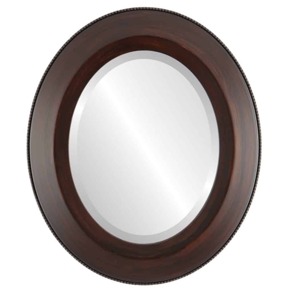 Framed Oval Beveled Mirror Finished in a Beautiful Mocha 22x28 Outer Dimensions
