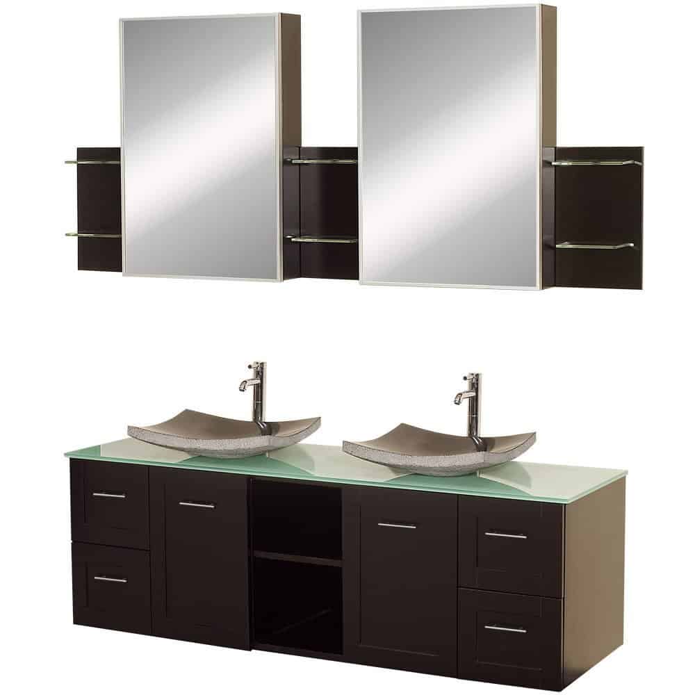Wyndham Collection Avara 60 inch Double Bathroom Vanity in Espresso, Green Glass Countertop, Altair Black Granite Sinks, and Medicine Cabinets