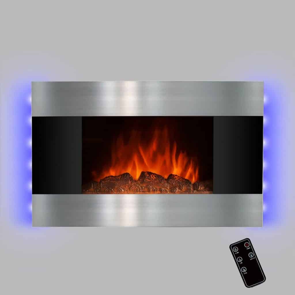Golden Vantage 36 Wall Mount Electric Bedroom Heater Tempered Glass Fireplace w 3D Flame Log Set & Remote Control