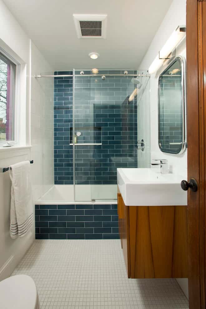 bathroom idea with Blue Subway Tile