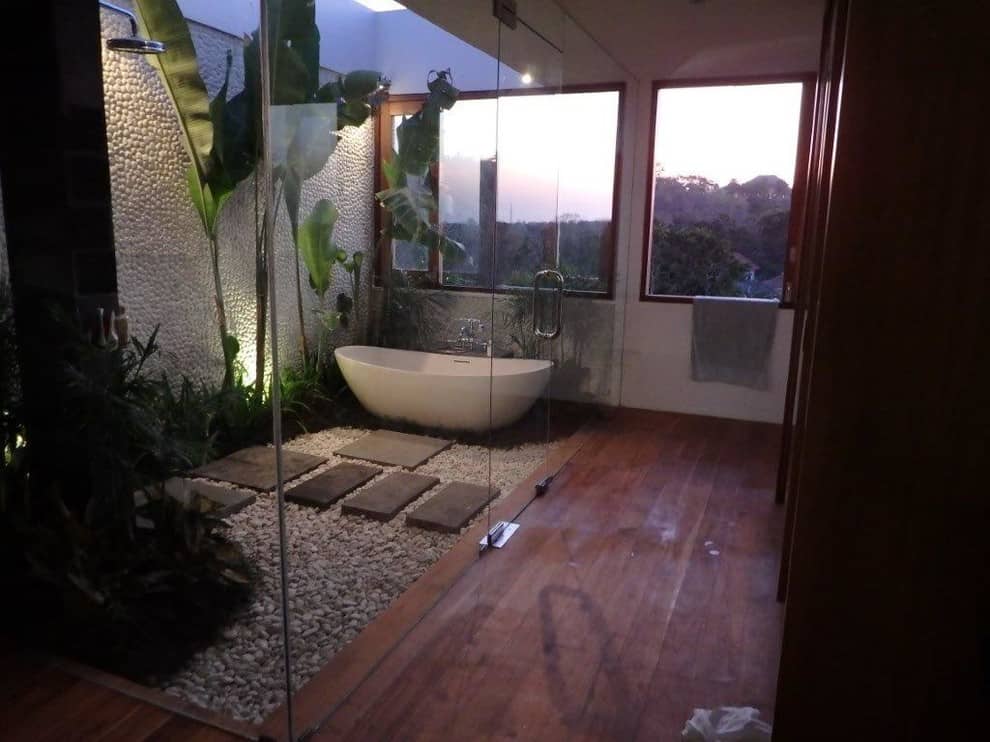 zen master brown floor bathroom design in Hawaii