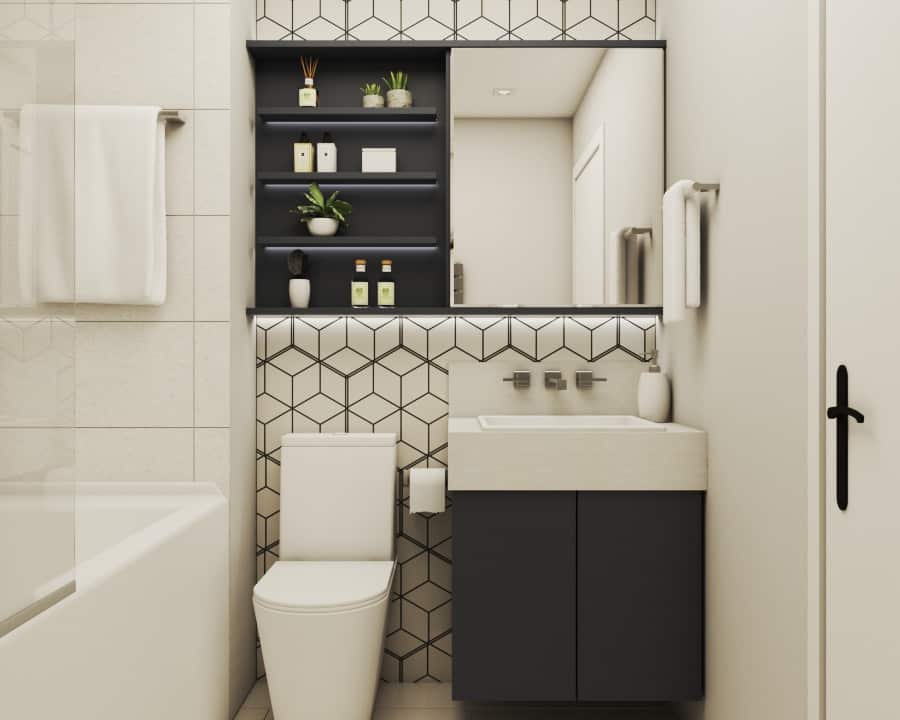 Beige mosaic tile walls, beige tile floor, dark grey cabinet