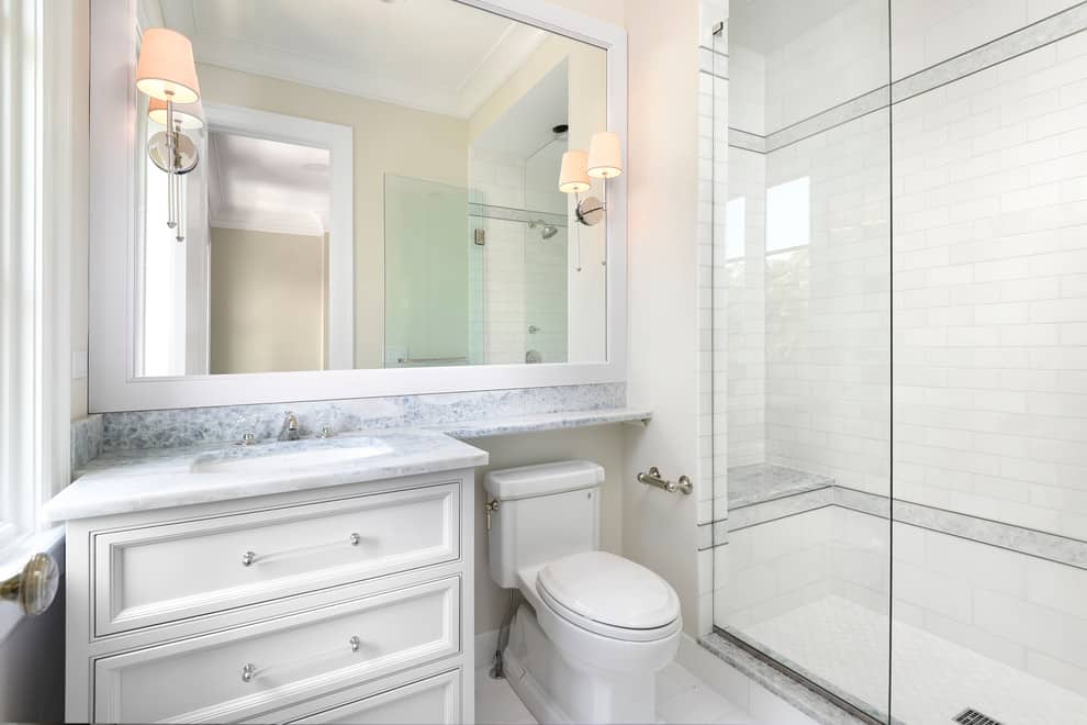 Transitional shower, white tile walls and floor