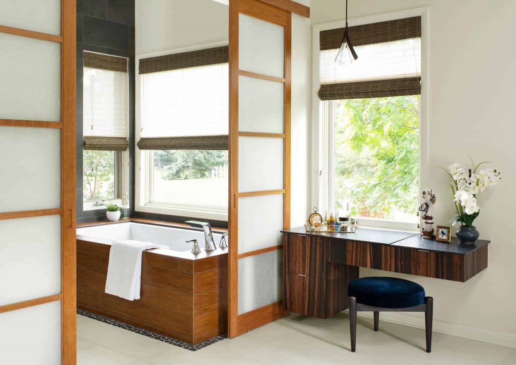 white tile and subway tile bamboo floor bathroom idea in Seattle