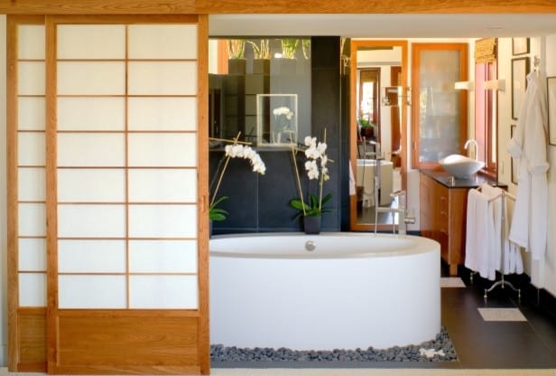 tile porcelain tile and beige floor corner shower photo in Seattle