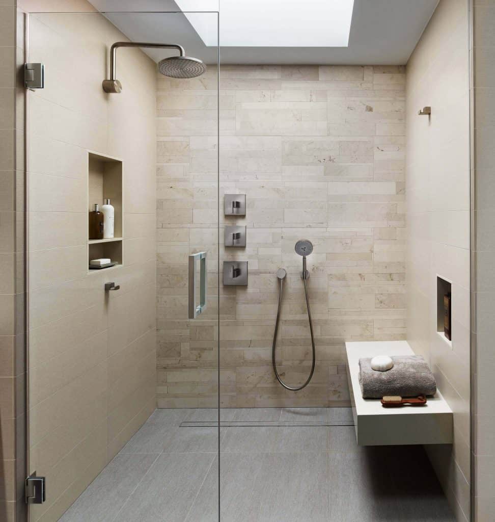 Tan Staggered shower tiles