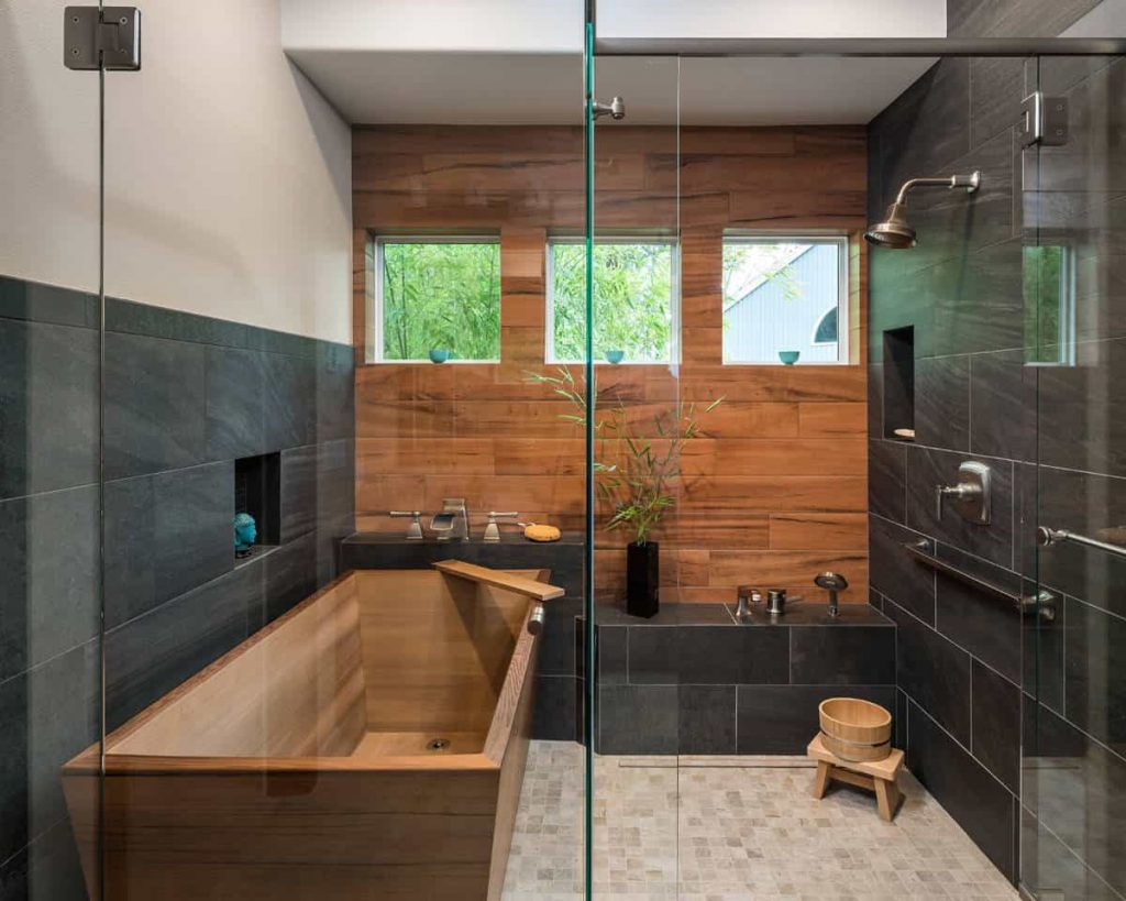 contemporary white tile double-sink bathroom idea in Houston