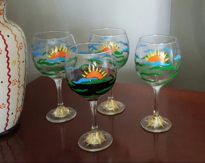 4 Sunset hand painted wine glasses