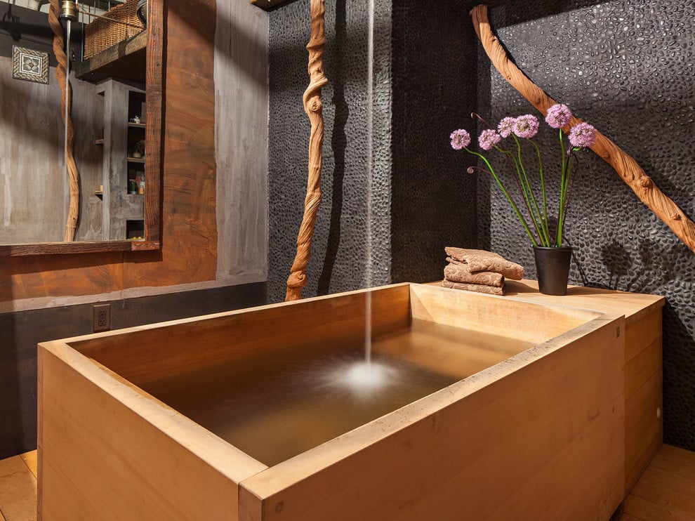 Trendy white tile and mosaic tile japanese bathtub photo in San Francisco