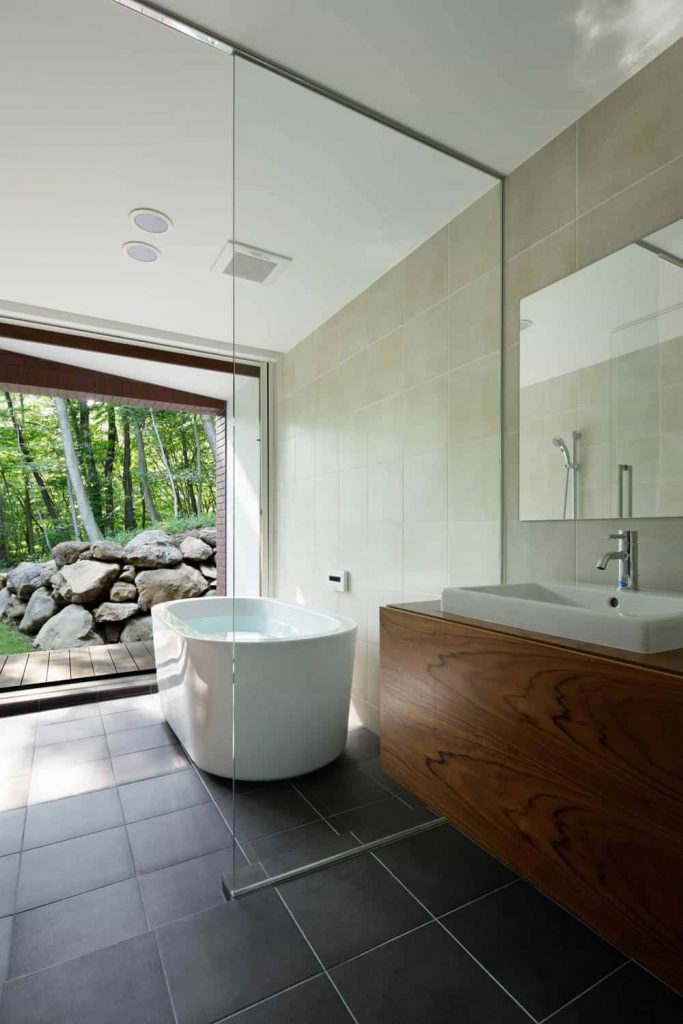 ceramic tile and brown floor bathroom remodel