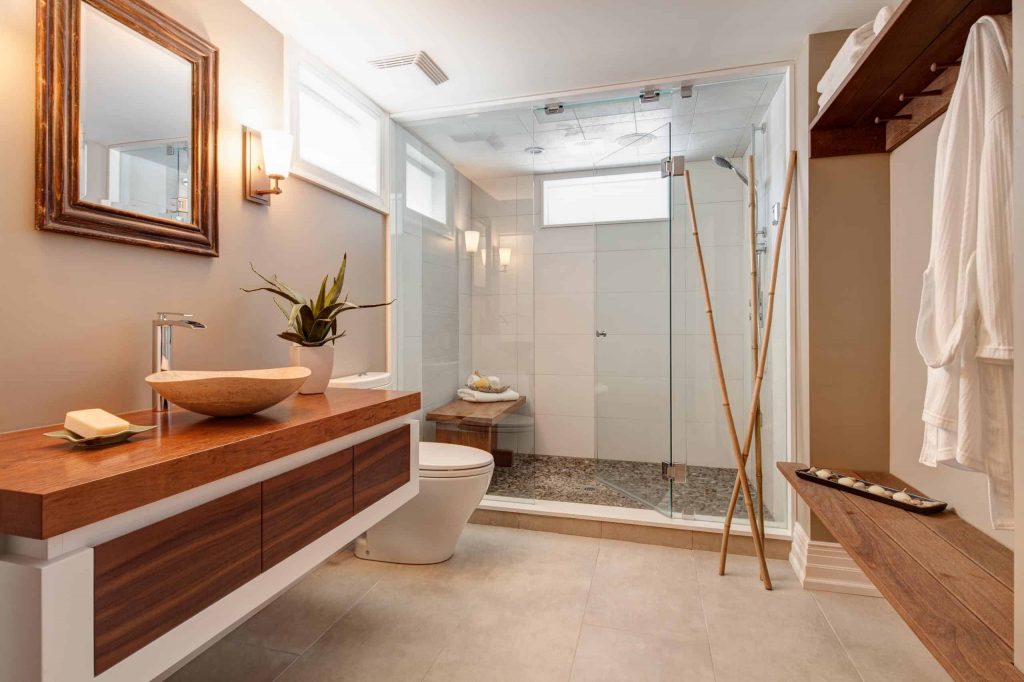 Mid-sized master gray tile and stone tile walk-in shower photo