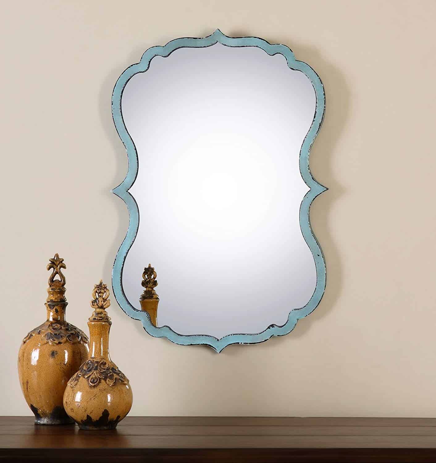 Unusual Curved Shaped Light Blue Wall Bathroom Vanity Mirror