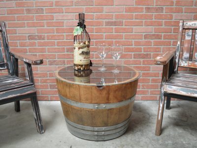 Barrel End Table with Glass Top Cork Storage
