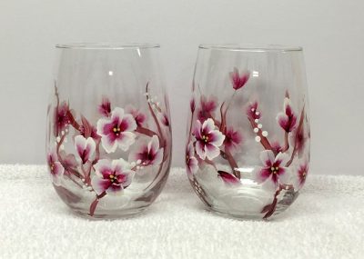 Cherry Blossoms Hand Painted Wine Glasses