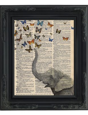 Dictionary Art Print - Whimsical Elephant and Butterflies