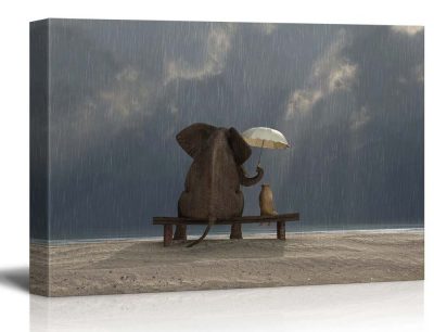 Elephant and Dog Sit under the Rain