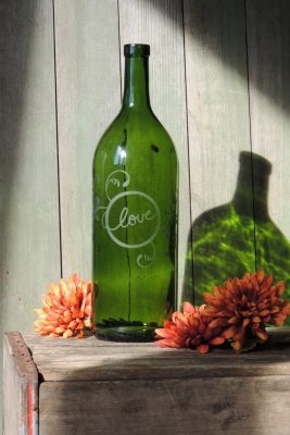 Etched Wine Bottle, Love and Vines Etching, Green