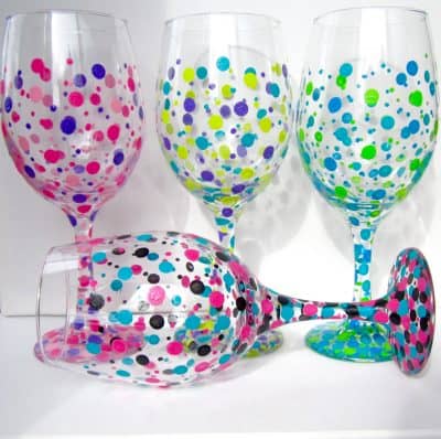 Four Hand Painted Wine Glasses, Polka Dot Wine Glasses