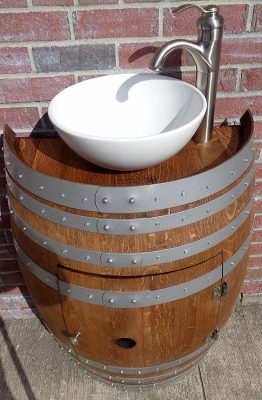French Oak Wine Barrel Bathroom Vanity table with White Porcelain Sink and Nickel Faucet