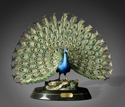 Gorgeous Peacock Bronze Sculpture Peafowl Statue Figurine by Barry Stein