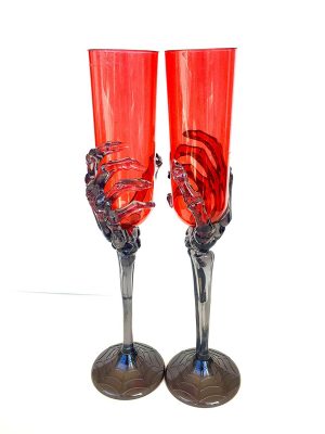 Halloween skeleton hand acrylic red champagne flute, wineglass goblet