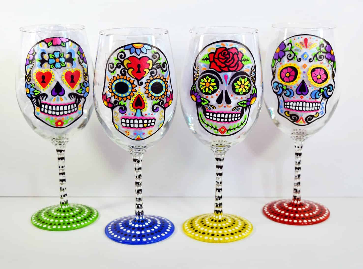 Hand Painted, Wine Glasses, Day of the Dead