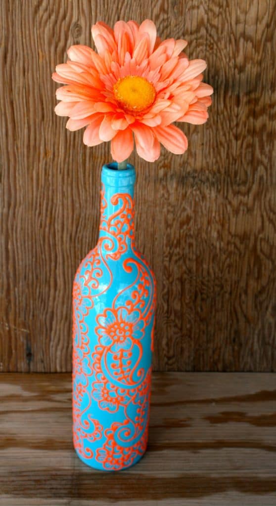 Hand Painted Wine bottle Vase, Up Cycled