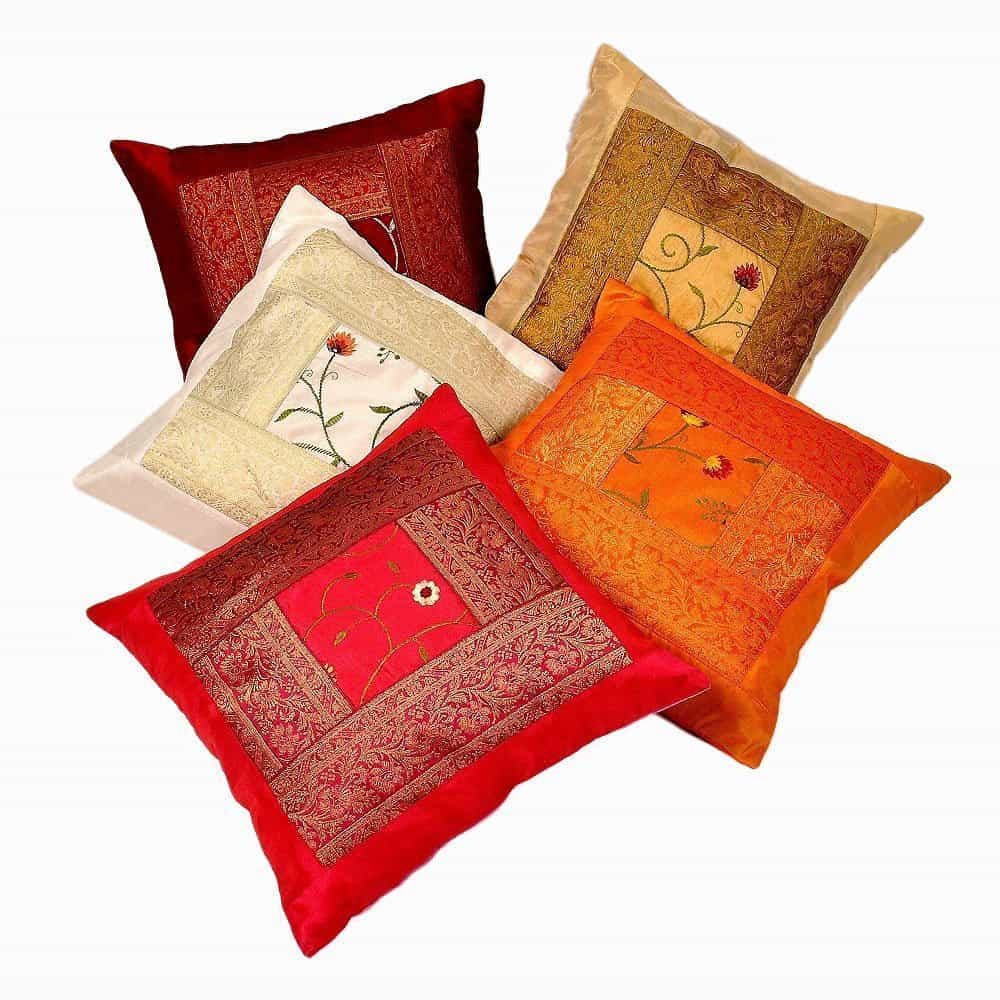 Indian Ethnic Hand Embroidery Decorative Silk Pillow Cushion Cover Set of 5 Pcs Size 16 X 16 Inches