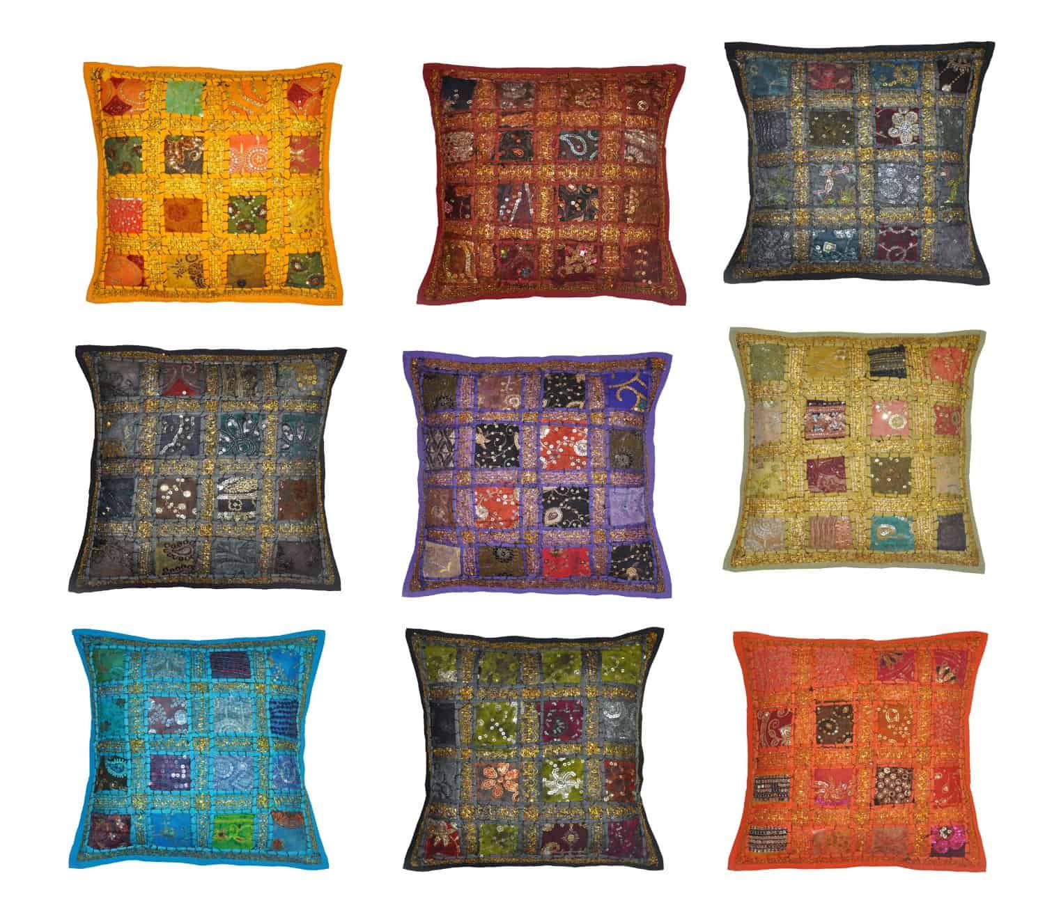 Indian Traditional Handmade Decorative Cushion Covers Patchwork, 16 X 16 Inches (Design #1)