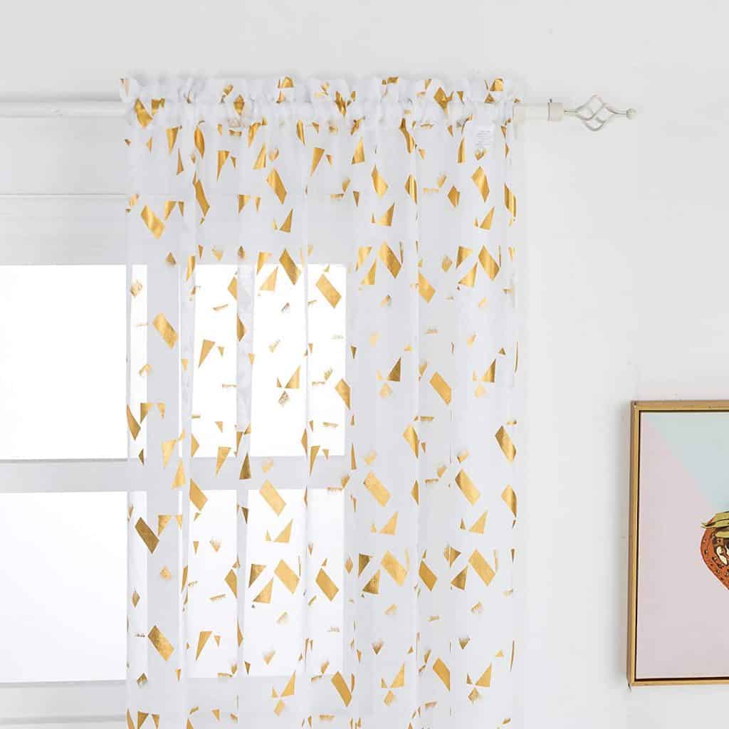 Kotile White Sheer Curtains - Gold Foil Confetti Fluttering Print Rod Pocket Short Sheer Drapes for Bedroom, 52 x 63 Inches, 2 Panels